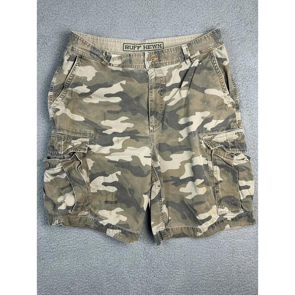 Ruff Hewn Camo Cargo Shorts Mens 36 Green Military Utility Cotton Casual SEE